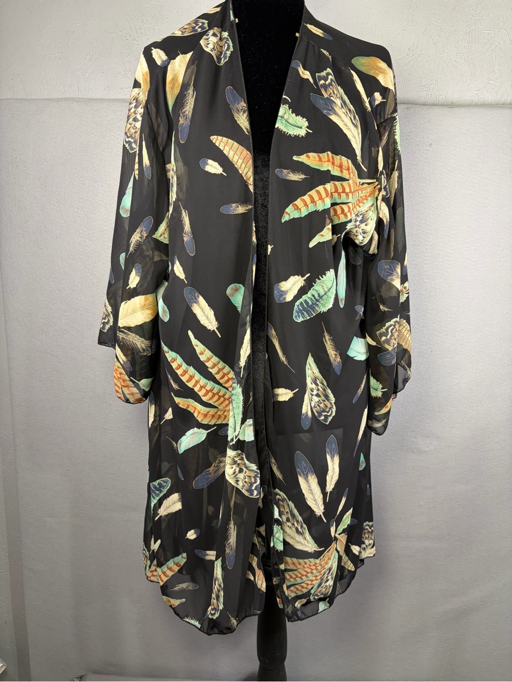 Lightweight Black Feather-Print Swim Coverup Kimono